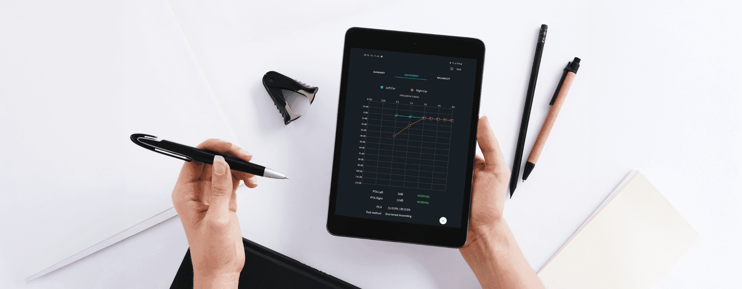 hearX hearing test audiogram results on a tablet
