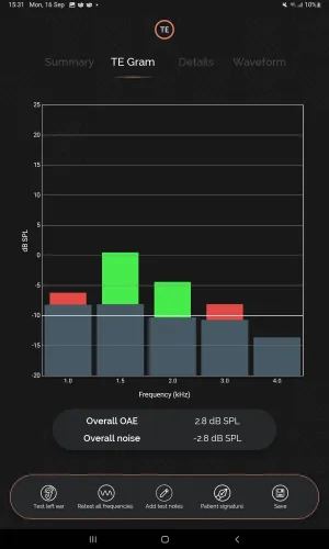 hearOAE - TE gram result screen